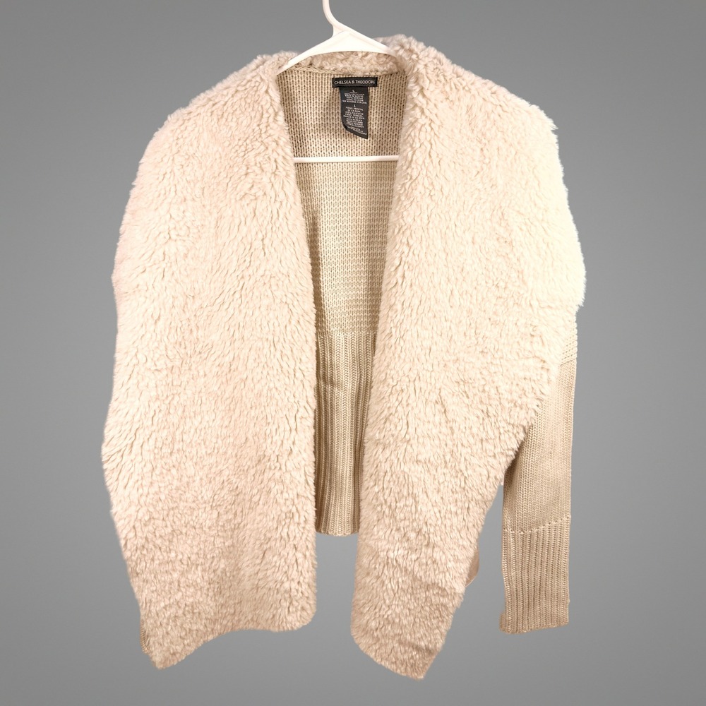 Chelsea & Theodore Cardigan L Womens Faux Fur Mixed Media‎ Knit Oyster Cream